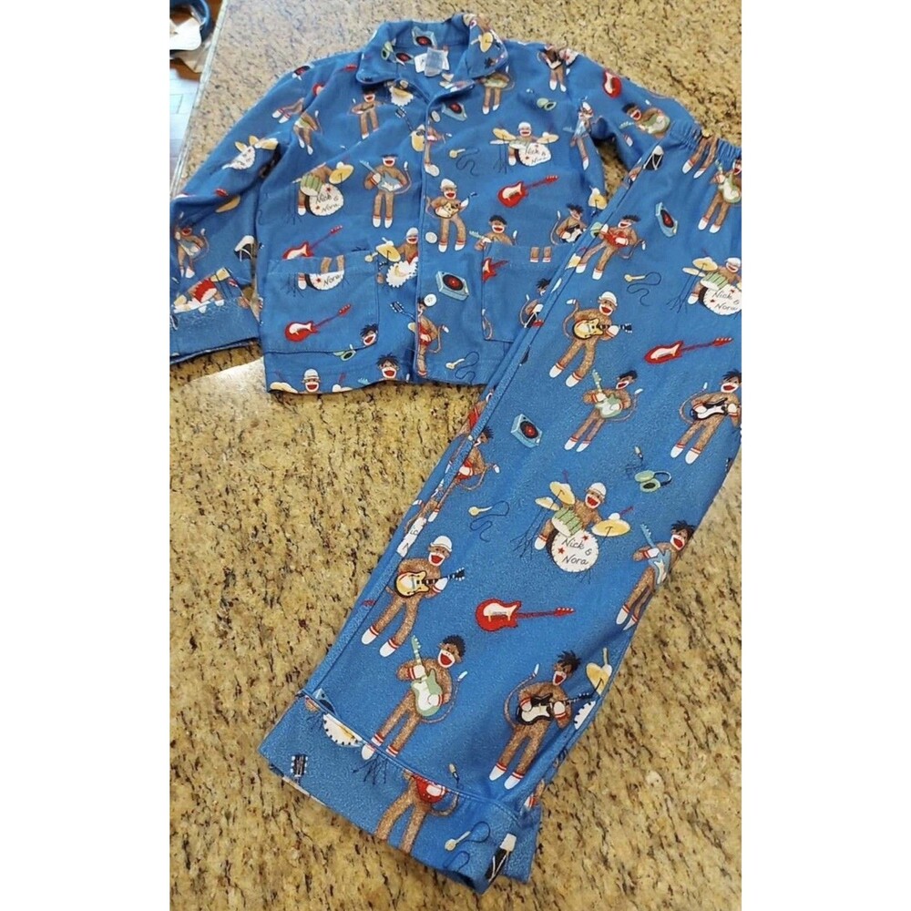 Nick & Nora Kids Navy Monkey Guitar Drums Music Print Pajama Set Size 8/10